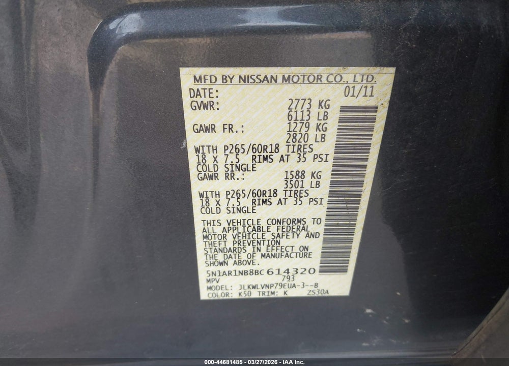2011 NISSAN PATHFINDER LE VIN: 5N1AR1NB8BC614320