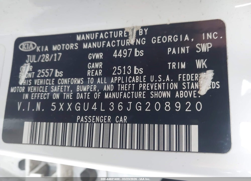 2018 KIA OPTIMA EX VIN: 5XXGU4L36JG208920