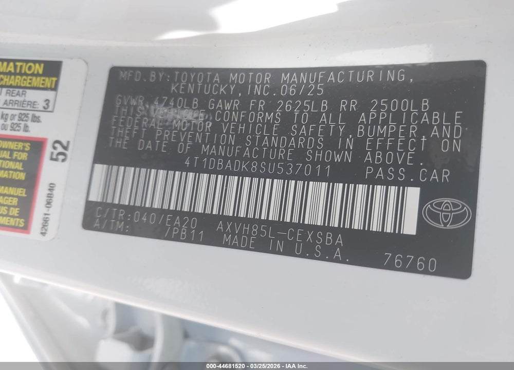2025 TOYOTA CAMRY SE VIN: 4T1DBADK8SU537011