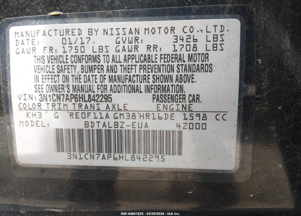 2017 NISSAN VERSA 1.6 SV VIN: 3N1CN7AP6HL842295
