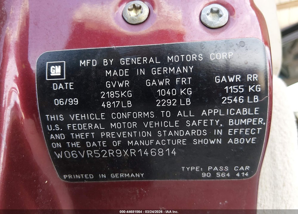 1999 CADILLAC CATERA STANDARD VIN: W06VR52R9XR146814
