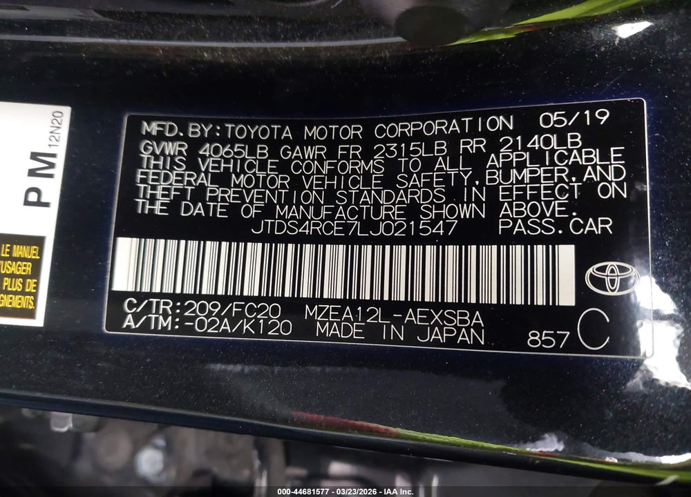 2020 TOYOTA COROLLA SE VIN: JTDS4RCE7LJ021547