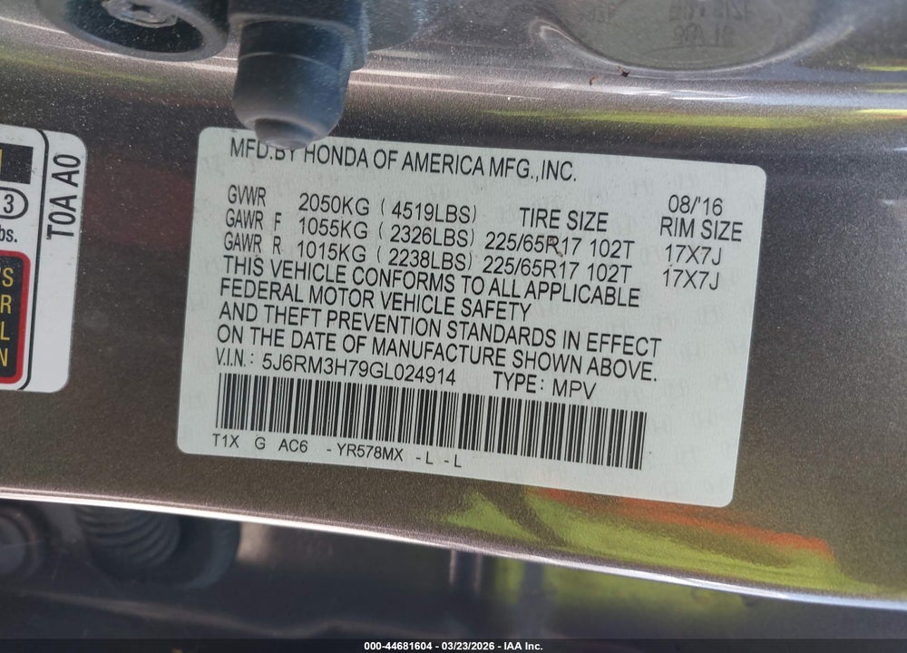 2016 HONDA CR-V EX-L VIN: 5J6RM3H79GL024914
