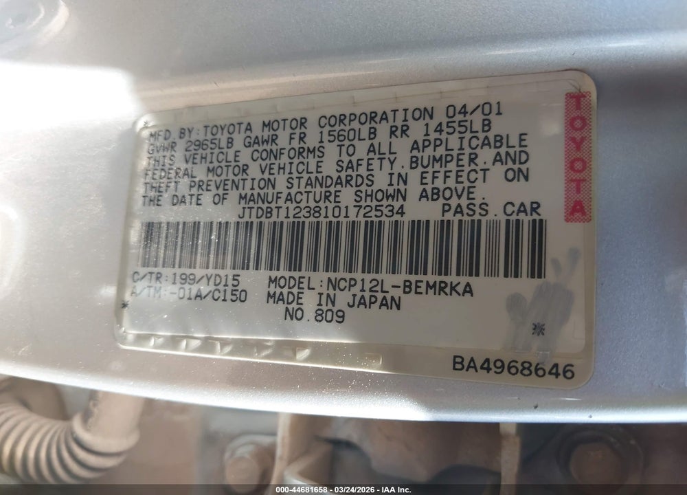 2001 TOYOTA ECHO VIN: JTDBT123810172534
