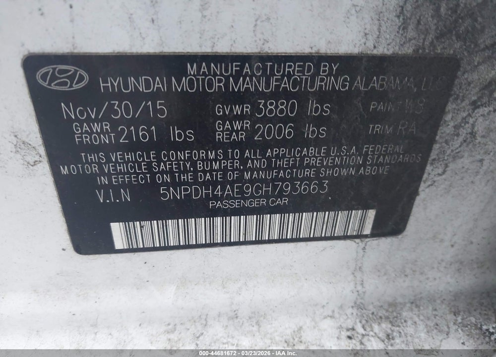 2016 HYUNDAI ELANTRA SE VIN: 5NPDH4AE9GH793663