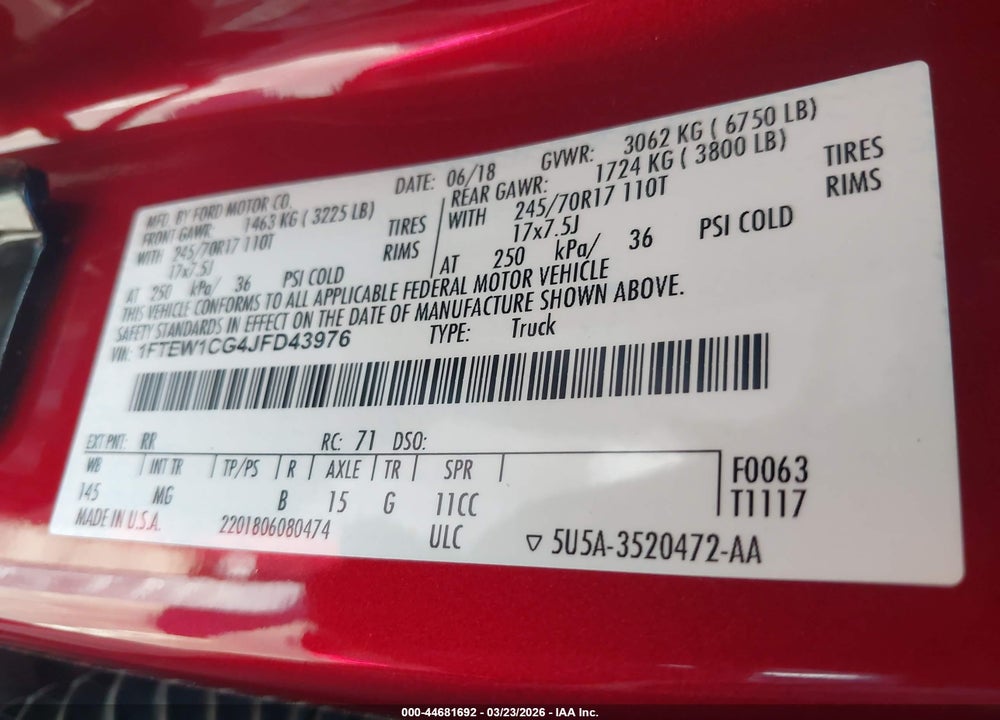 2018 FORD F-150 XLT VIN: 1FTEW1CG4JFD43976