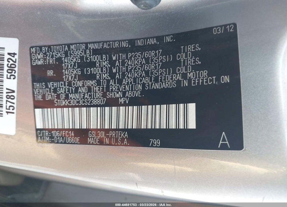 2012 TOYOTA SIENNA LE V6 8 PASSENGER VIN: 5TDKK3DC3CS238807