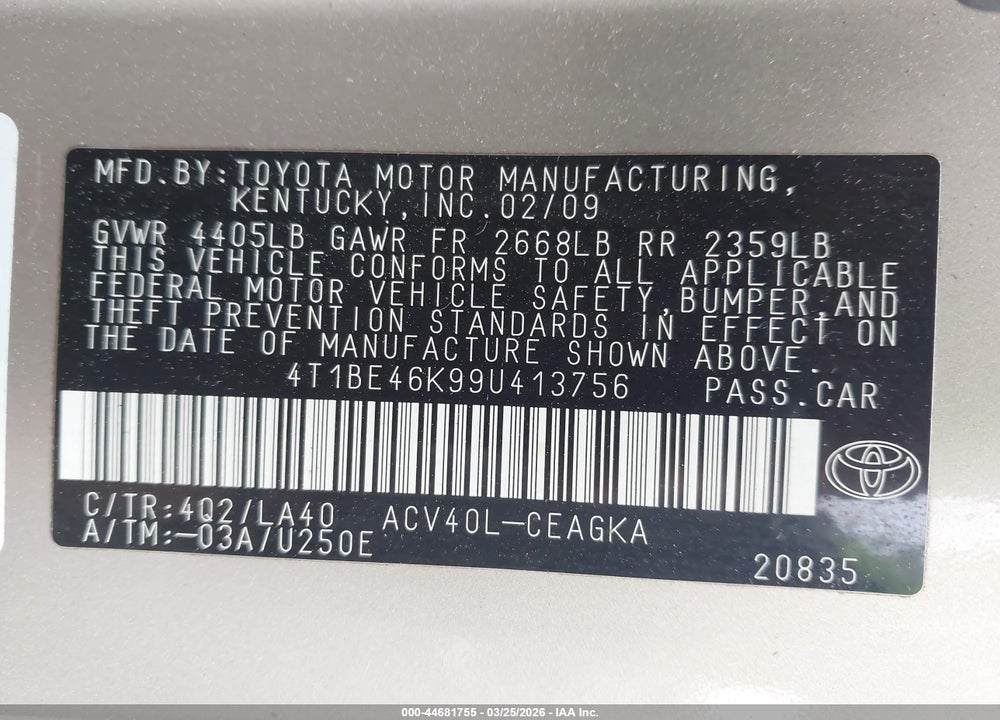 2009 TOYOTA CAMRY XLE VIN: 4T1BE46K99U413756