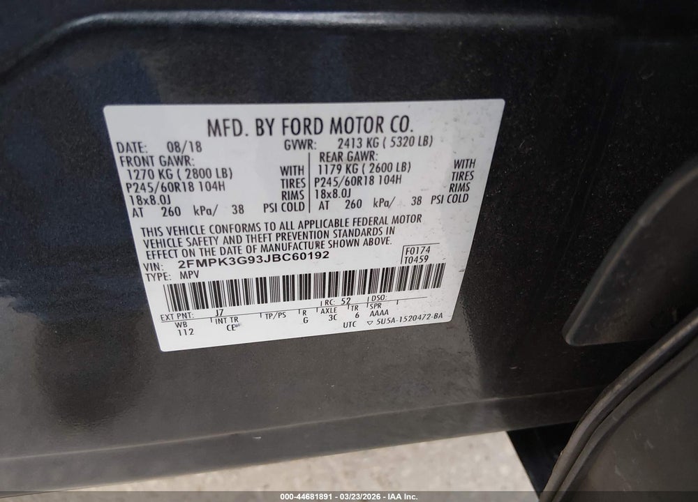 2018 FORD EDGE SE VIN: 2FMPK3G93JBC60192
