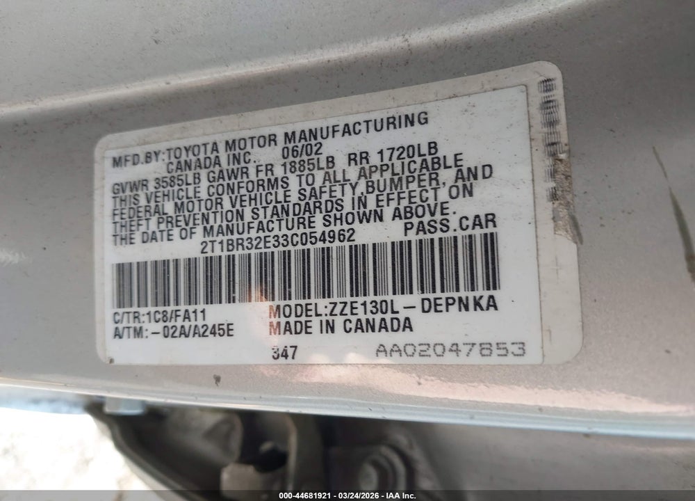 2003 TOYOTA COROLLA LE VIN: 2T1BR32E33C054962