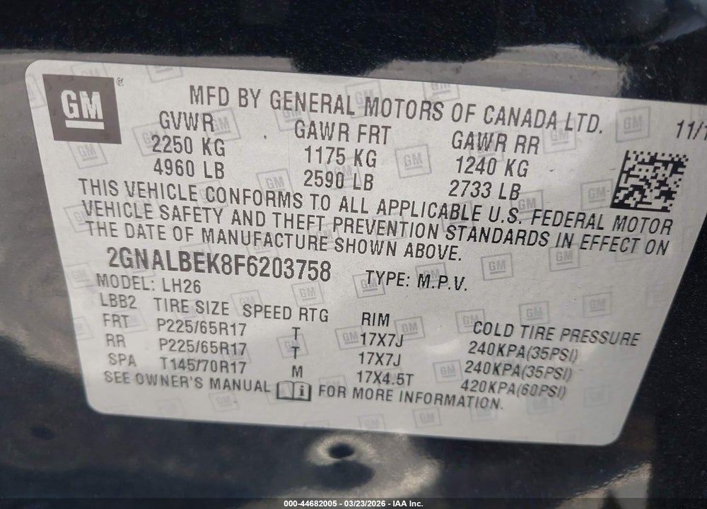 2015 CHEVROLET EQUINOX 1LT VIN: 2GNALBEK8F6203758
