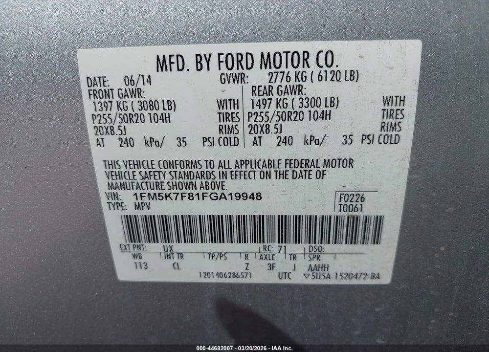 2015 FORD EXPLORER LIMITED VIN: 1FM5K7F81FGA19948