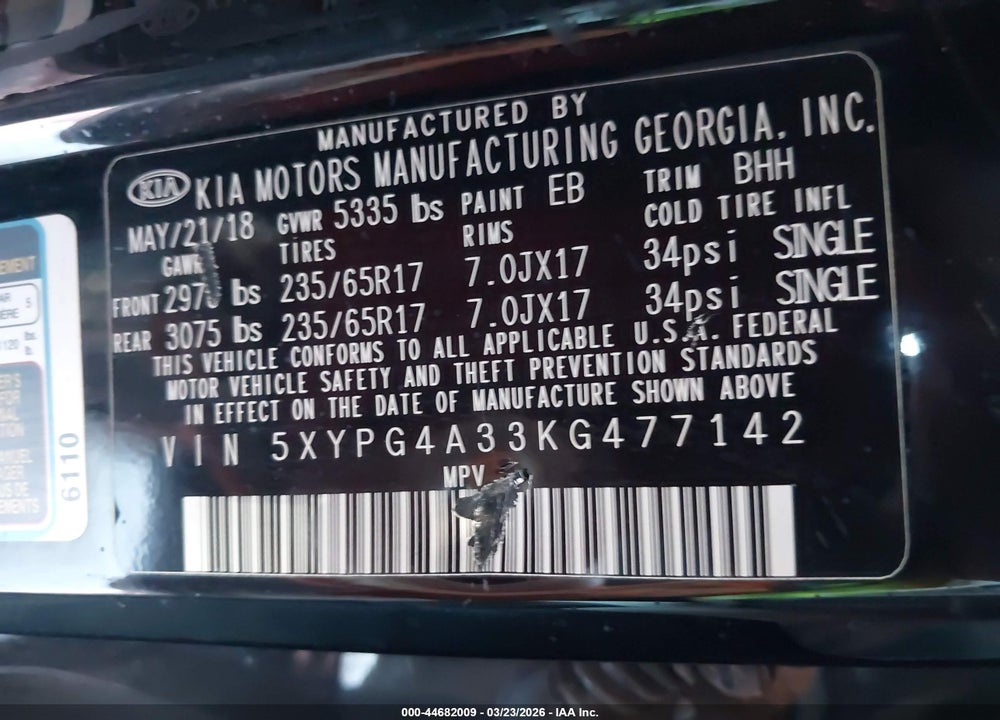 2019 KIA SORENTO 2.4L LX VIN: 5XYPG4A33KG477142