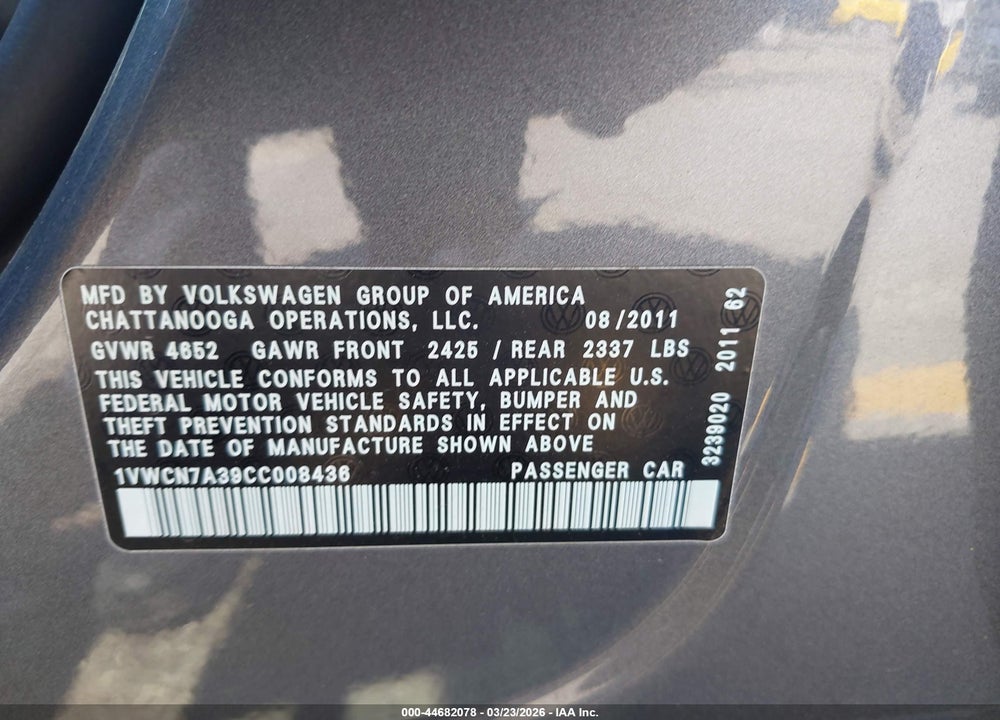 2012 VOLKSWAGEN PASSAT 2.0L TDI SEL PREMIUM VIN: 1VWCN7A39CC008436