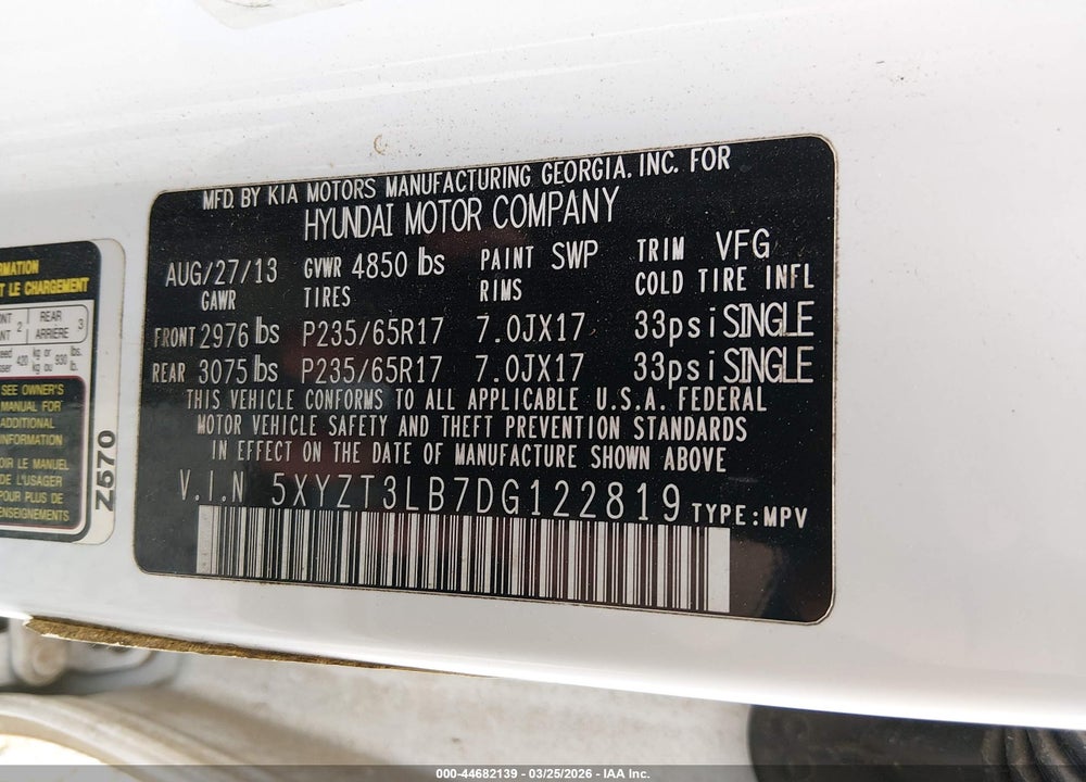 2013 HYUNDAI SANTA FE SPORT VIN: 5XYZT3LB7DG122819