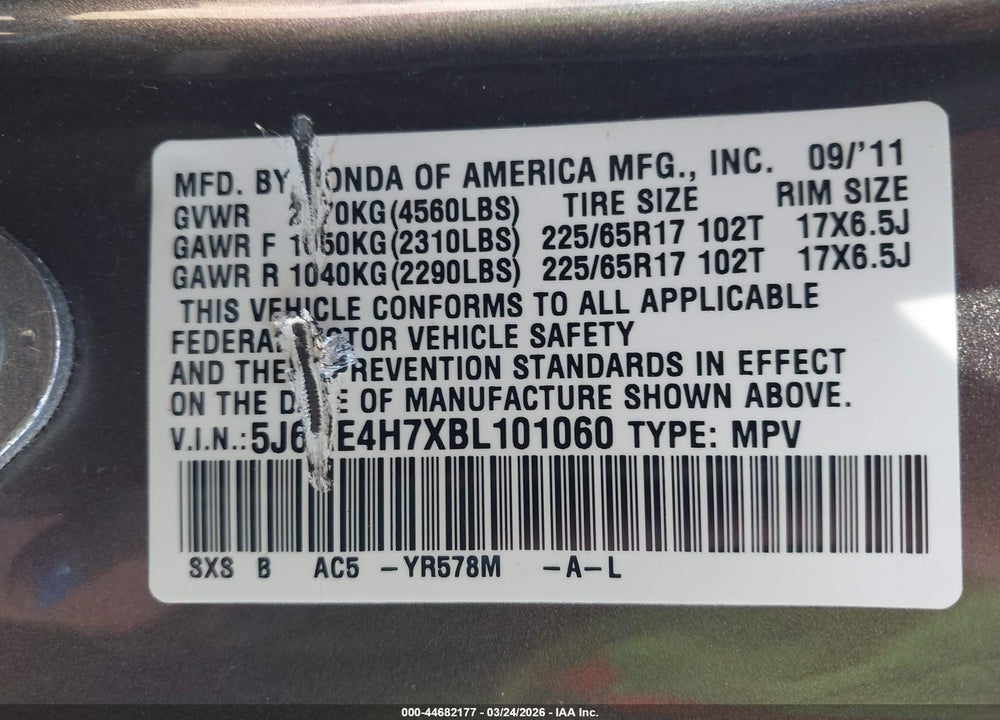 2011 HONDA CR-V EX-L VIN: 5J6RE4H7XBL101060