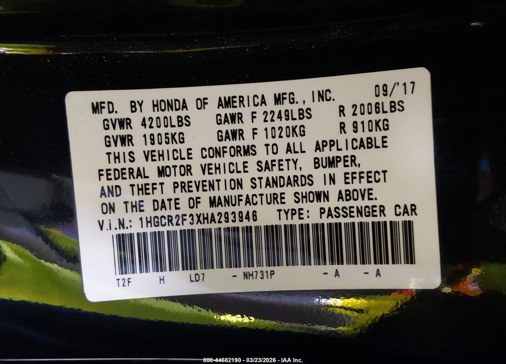 2017 HONDA ACCORD LX VIN: 1HGCR2F3XHA293946