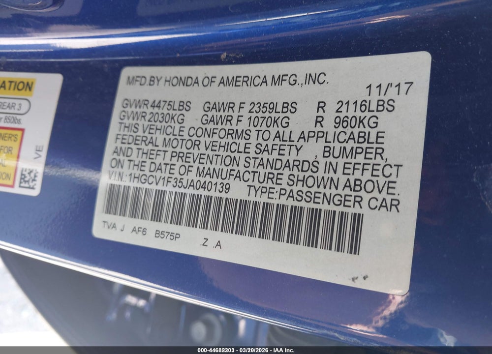 2018 HONDA ACCORD SPORT VIN: 1HGCV1F35JA040139