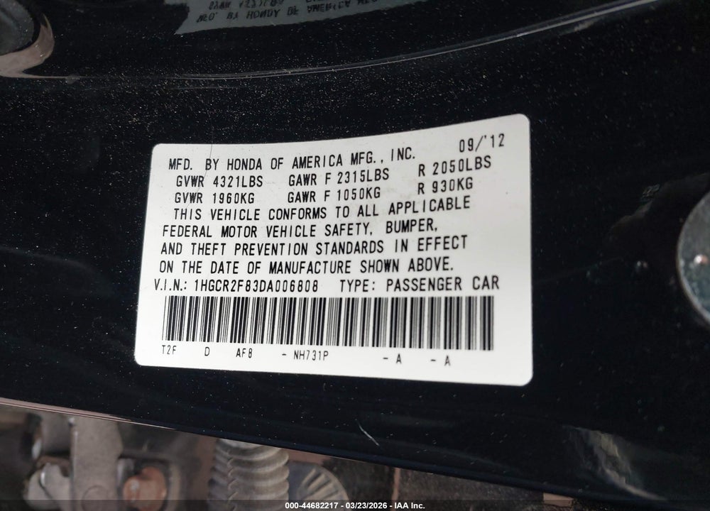 2013 HONDA ACCORD EX-L VIN: 1HGCR2F83DA006808