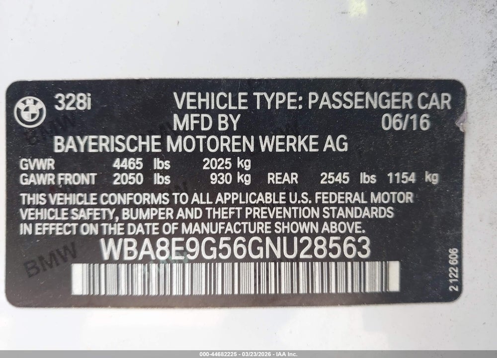 2016 BMW 328I VIN: WBA8E9G56GNU28563