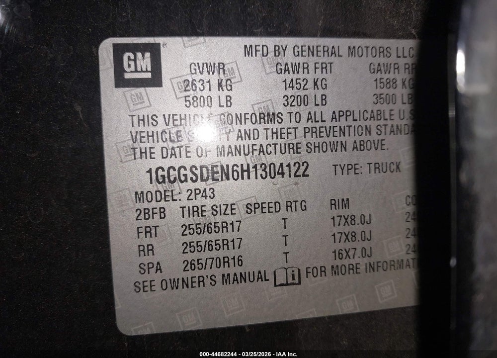 2017 CHEVROLET COLORADO Z71 VIN: 1GCGSDEN6H1304122