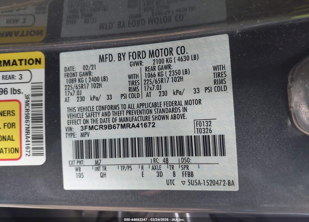 2021 FORD BRONCO SPORT BIG BEND VIN: 3FMCR9B67MRA41672