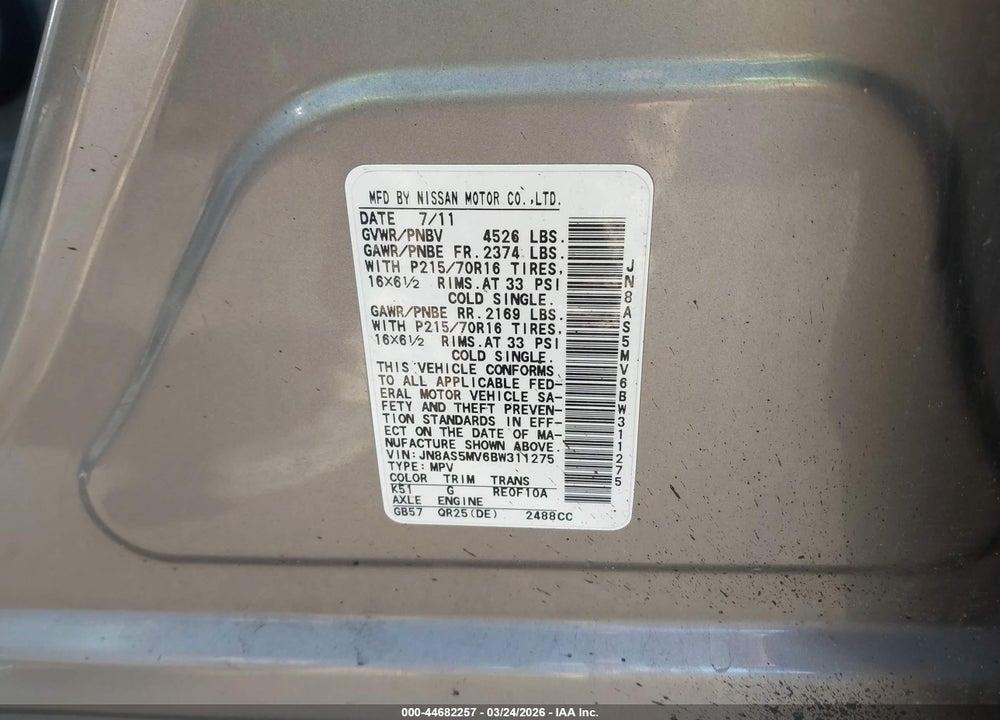 2011 NISSAN ROGUE S VIN: JN8AS5MV6BW311275