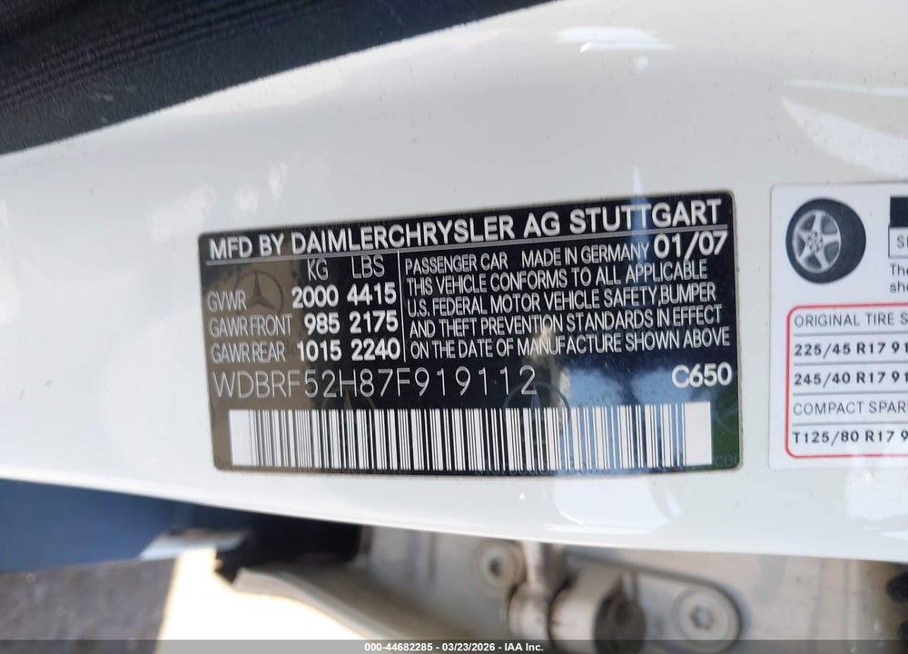 2007 MERCEDES-BENZ C 230 SPORT VIN: WDBRF52H87F919112
