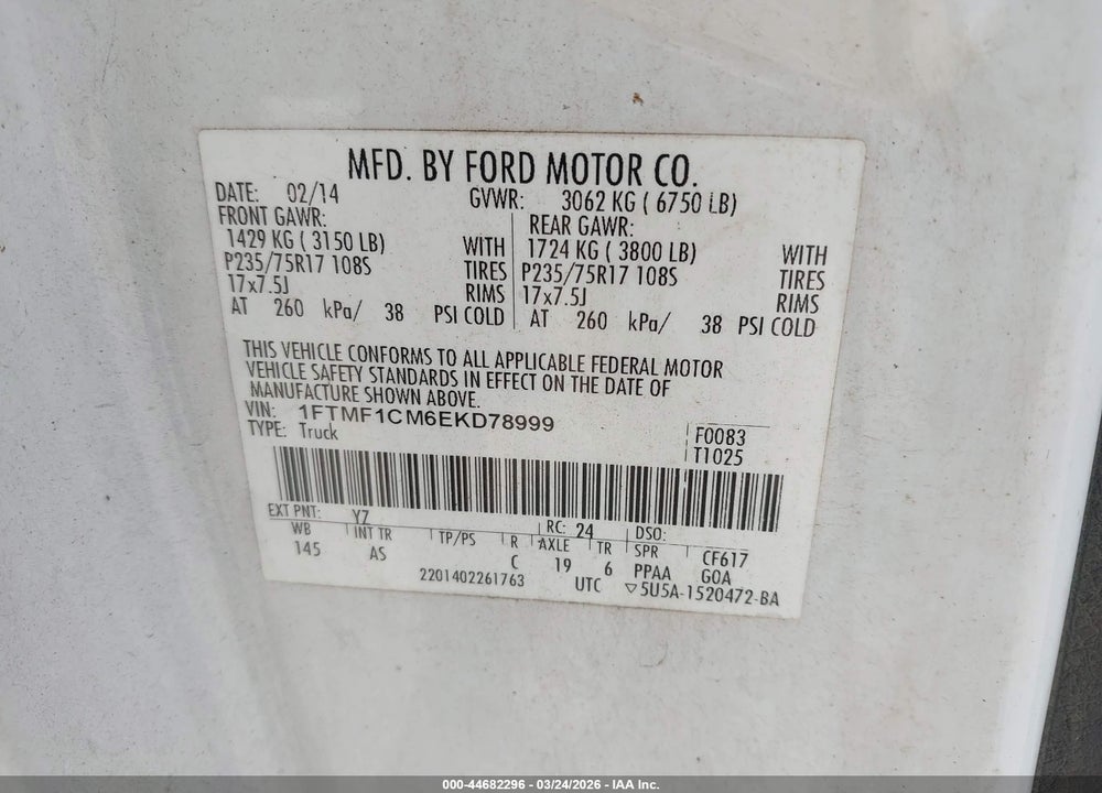 2014 FORD F-150 XL VIN: 1FTMF1CM6EKD78999