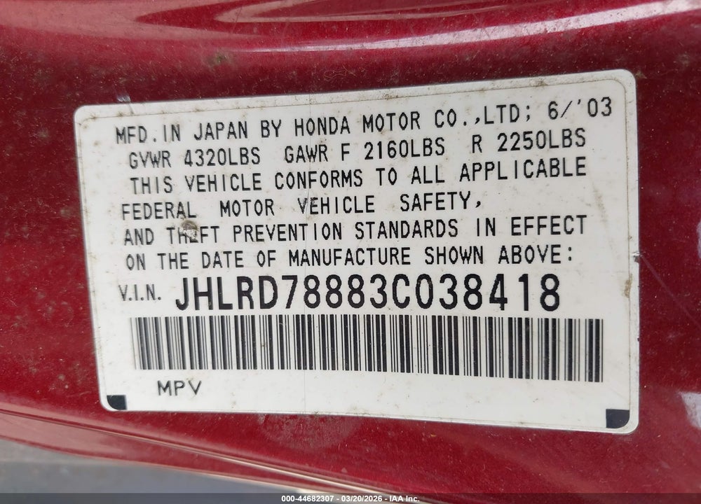 2003 HONDA CR-V EX VIN: JHLRD78883C038418