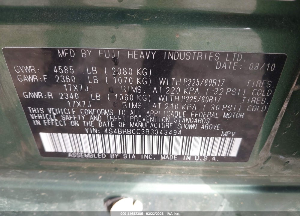 2011 SUBARU OUTBACK 2.5I PREMIUM VIN: 4S4BRBCC3B3343494