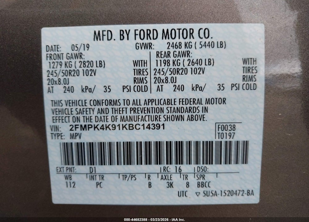 2019 FORD EDGE TITANIUM VIN: 2FMPK4K91KBC14391