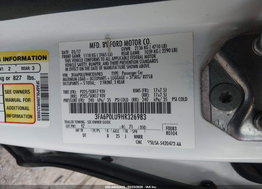 2017 FORD FUSION HYBRID SE VIN: 3FA6P0LU9HR326983
