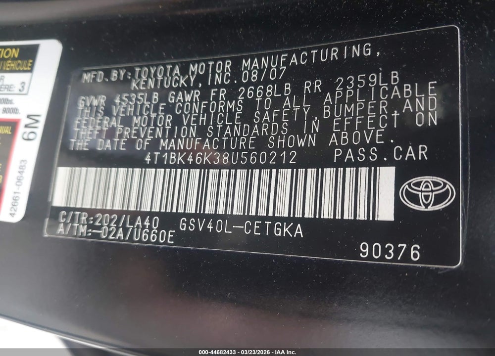 2008 TOYOTA CAMRY XLE V6 VIN: 4T1BK46K38U560212