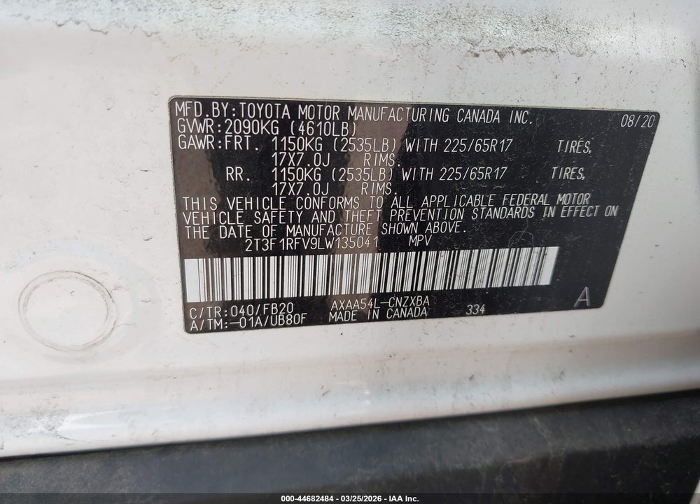 2020 TOYOTA RAV4 LE VIN: 2T3F1RFV9LW135041