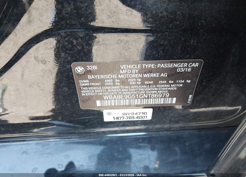 2016 BMW 328I VIN: WBA8E9G51GNT86979