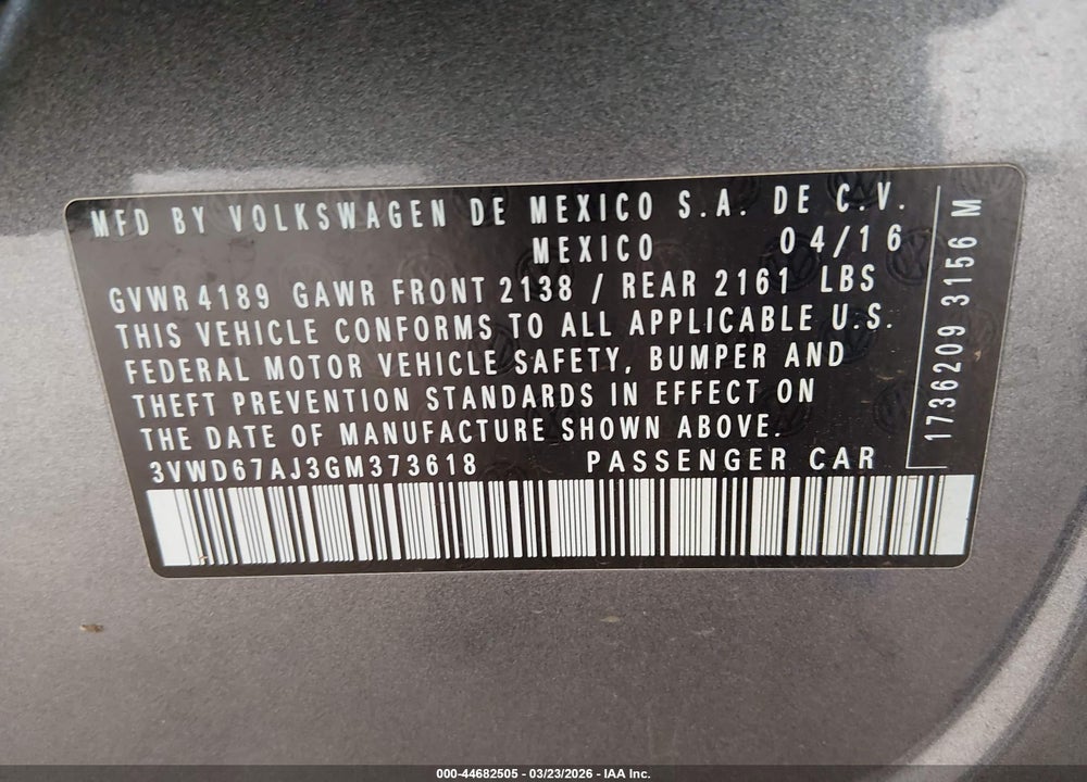 2016 VOLKSWAGEN JETTA 1.4T SE VIN: 3VWD67AJ3GM373618