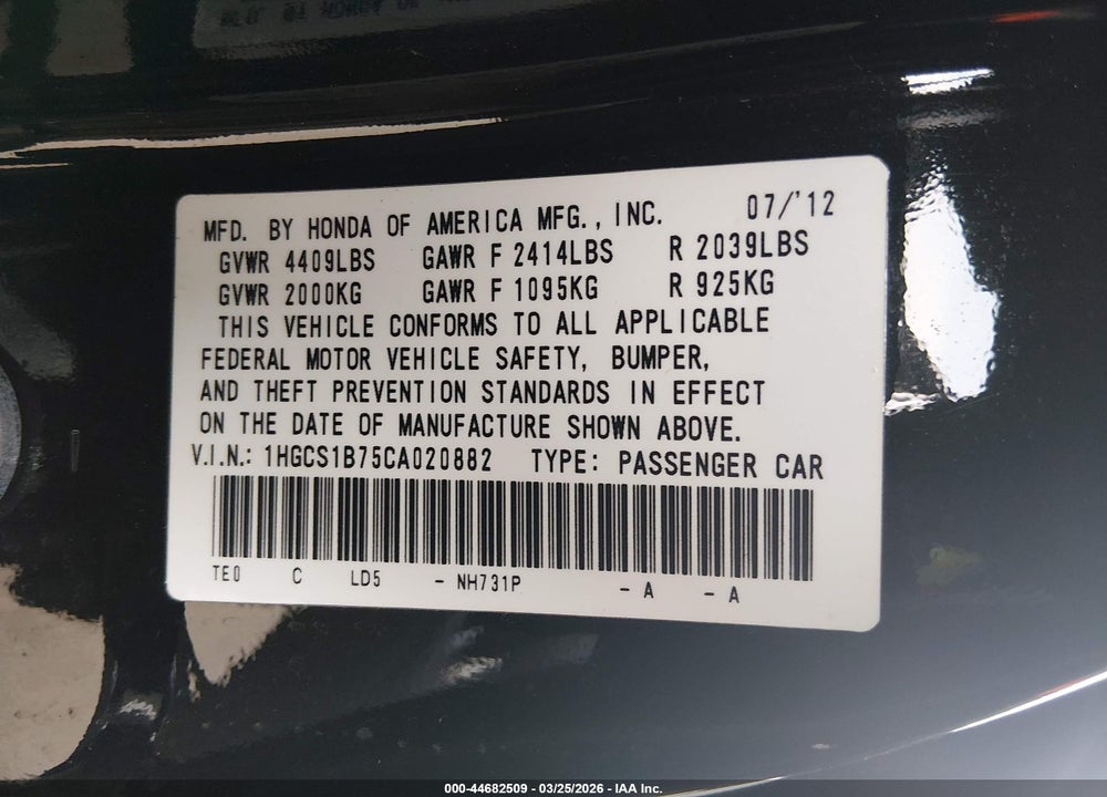 2012 HONDA ACCORD 2.4 EX VIN: 1HGCS1B75CA020882