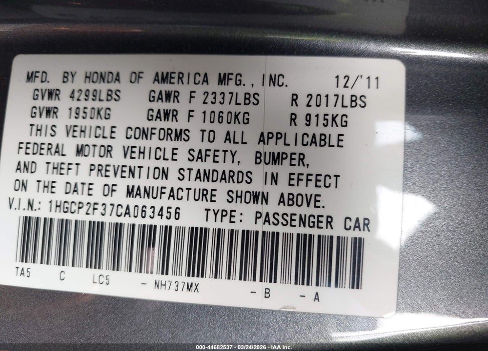2012 HONDA ACCORD 2.4 LX VIN: 1HGCP2F37CA063456