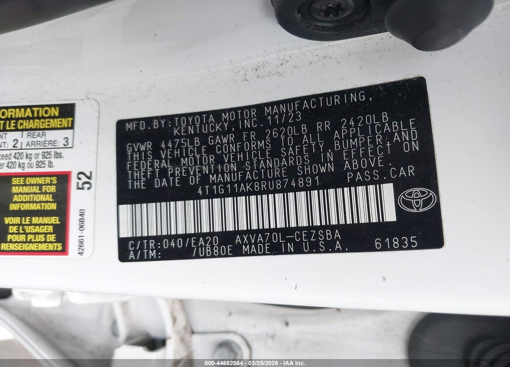 2024 TOYOTA CAMRY SE VIN: 4T1G11AK8RU874891