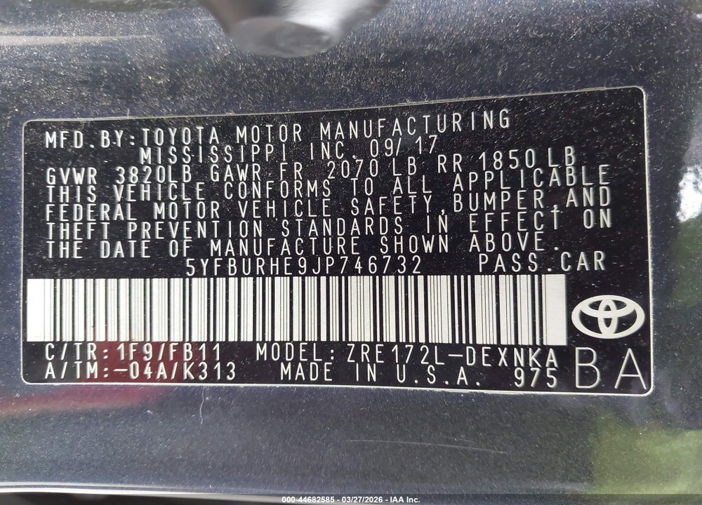 2018 TOYOTA COROLLA LE VIN: 5YFBURHE9JP746732