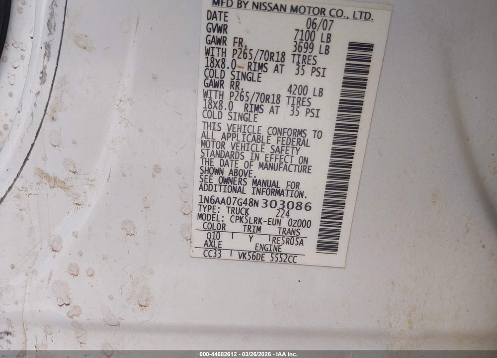 2008 NISSAN TITAN XE VIN: 1N6AA07G48N303086