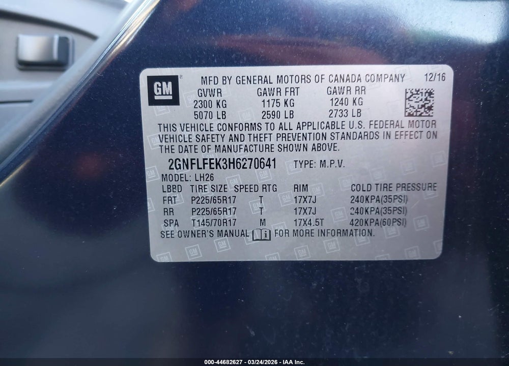2017 CHEVROLET EQUINOX LT VIN: 2GNFLFEK3H6270641