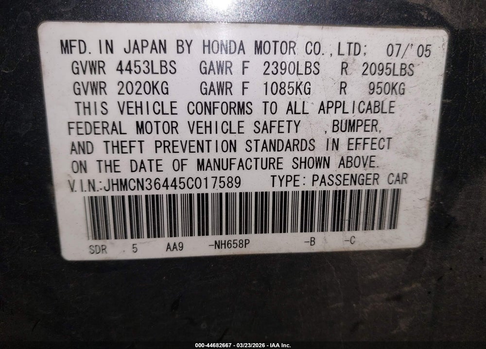 2005 HONDA ACCORD HYBRID IMA VIN: JHMCN36445C017589