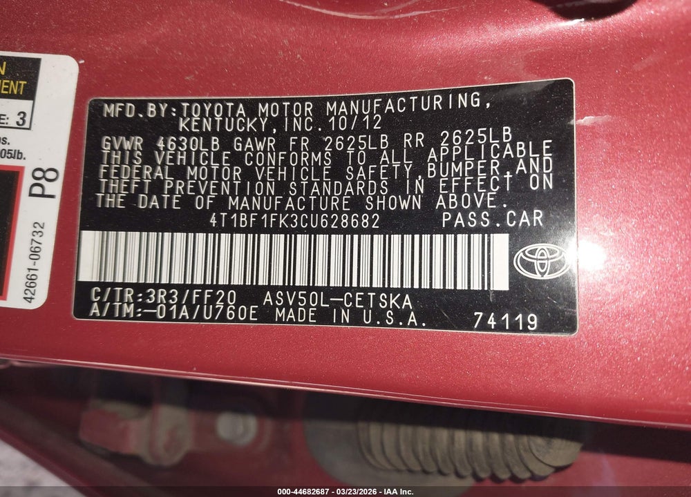 2012 TOYOTA CAMRY SE LIMITED EDITION VIN: 4T1BF1FK3CU628682