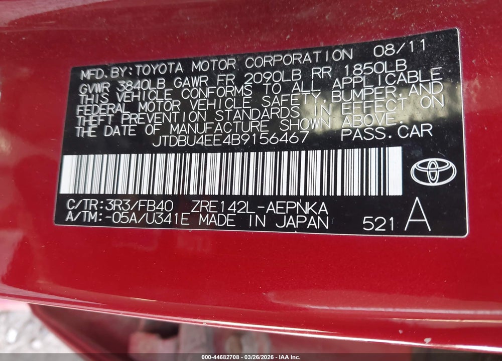 2011 TOYOTA COROLLA LE VIN: JTDBU4EE4B9156467