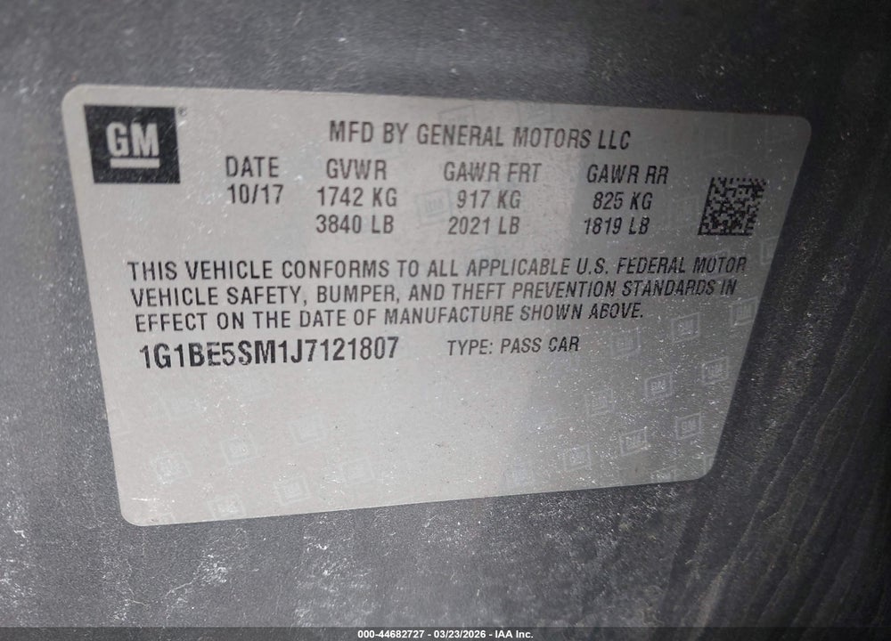 2018 CHEVROLET CRUZE LT AUTO VIN: 1G1BE5SM1J7121807