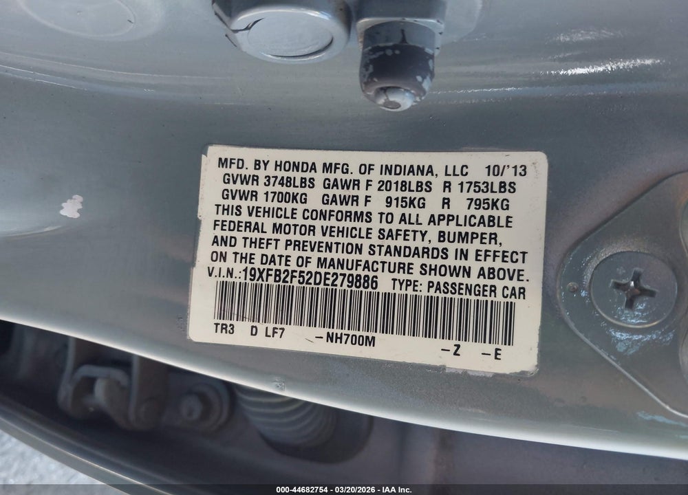 2013 HONDA CIVIC LX VIN: 19XFB2F52DE279886