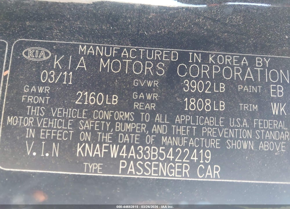 2011 KIA FORTE SX VIN: KNAFW4A33B5422419