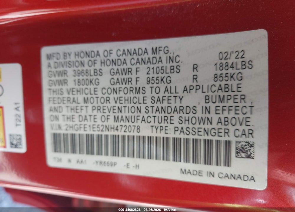 2022 HONDA CIVIC SI SEDAN VIN: 2HGFE1E52NH472078